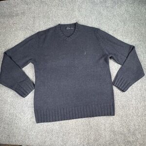 Nautica Sweater Men 2XLT Blue‎ Merino Wool Ticked Classic Preppy Minimalist Logo